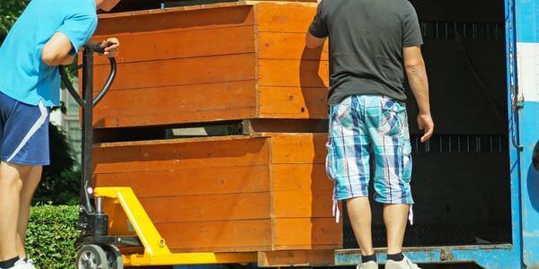 Möbellift Zwickau: Zwei Helfer tragen einen Holzschrank aus einem Lkw